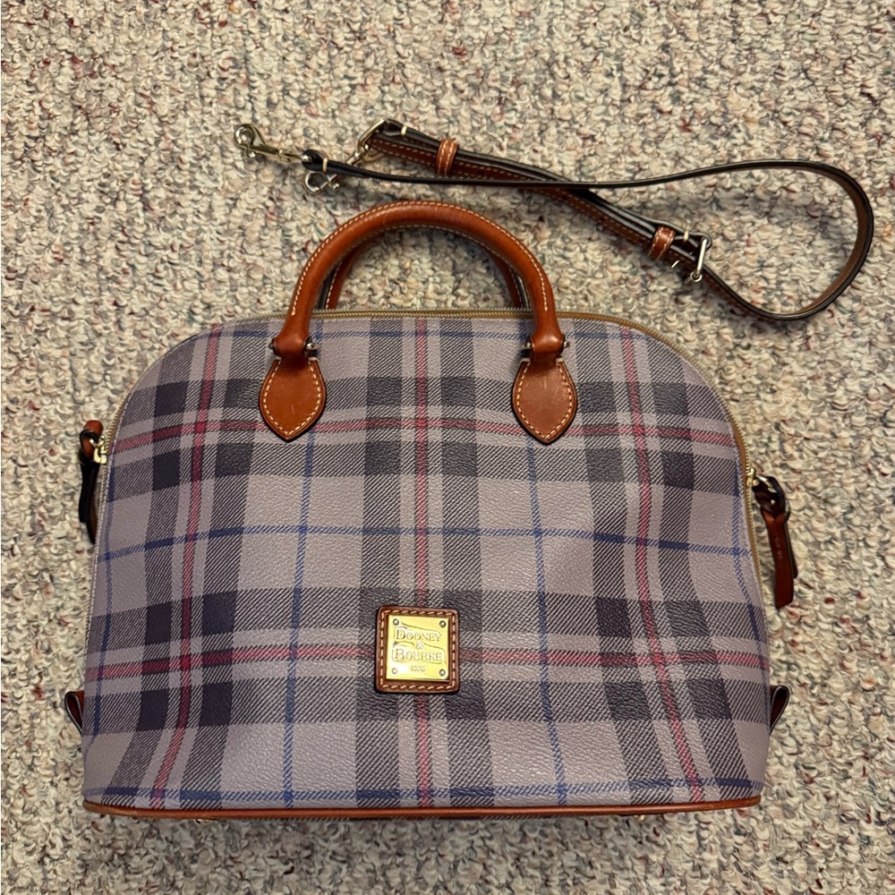 Dooney & Bourke Plaid Satchel with Tan Leather Trim and Gold Plaque
